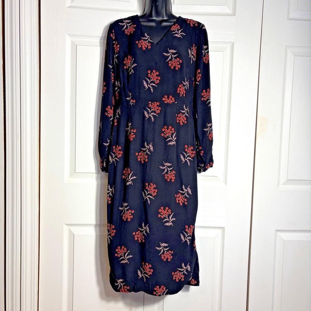 Boden Floral Dress Women 8R Black Red Floral Berry Print Long Sleeve V Neck Midi